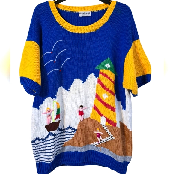 handicraft Sweaters - Handicraft Blue and Yellow Knit Sweater Fun 3D Beach Theme